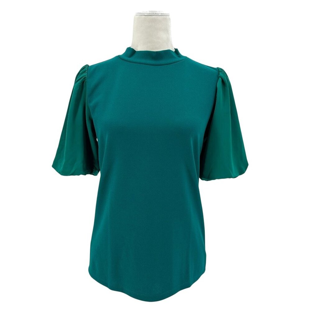 New Ann Taylor Womens Small Top Short Sleeve Blue Green Puff Sleeve Blouse